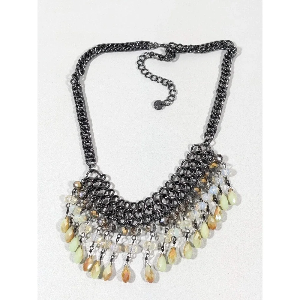 Gunmetal Gray Beige Glass Bead Woven‎ Bib Statement Necklace Fringe 20